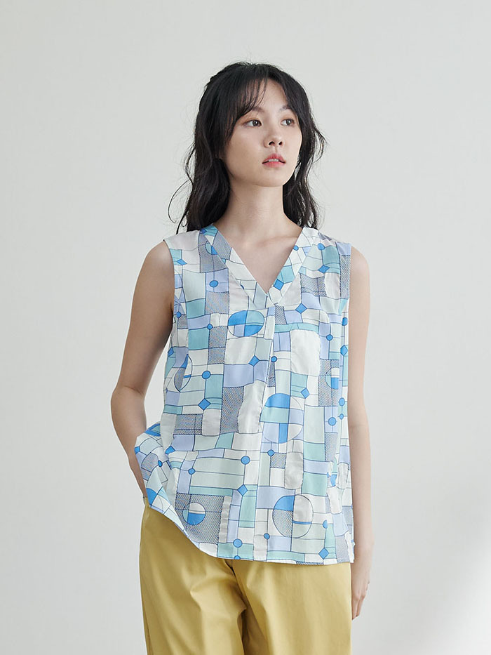 幾何夢境V口無袖上衣-mist blue