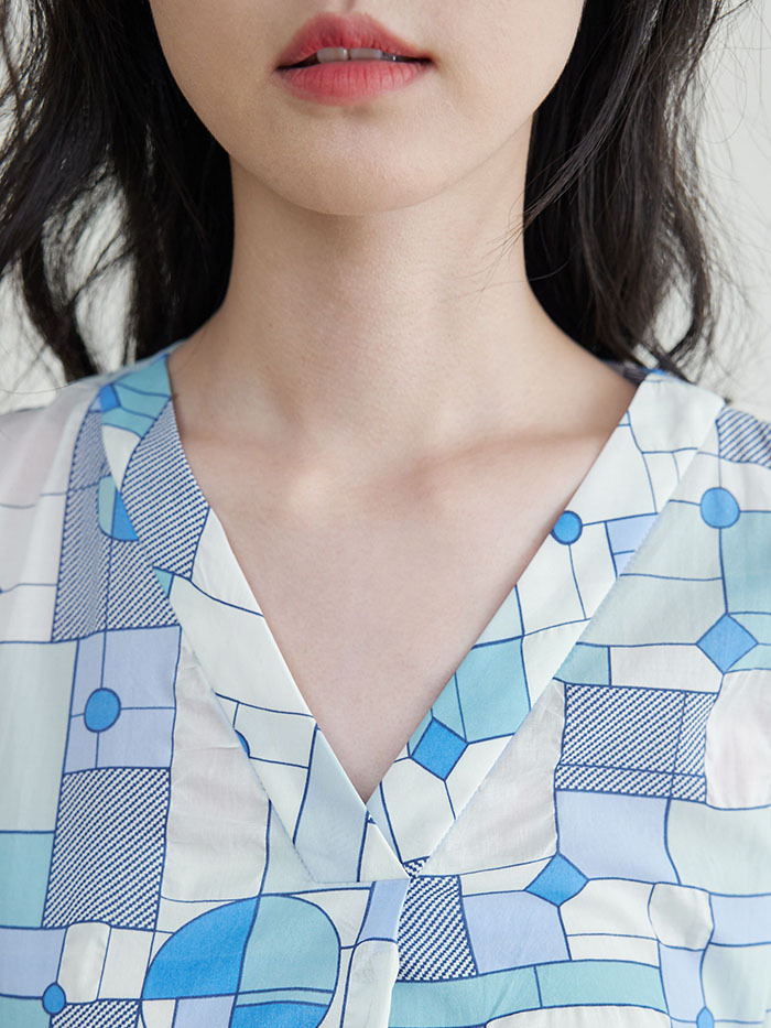 幾何夢境V口無袖上衣-mist blue