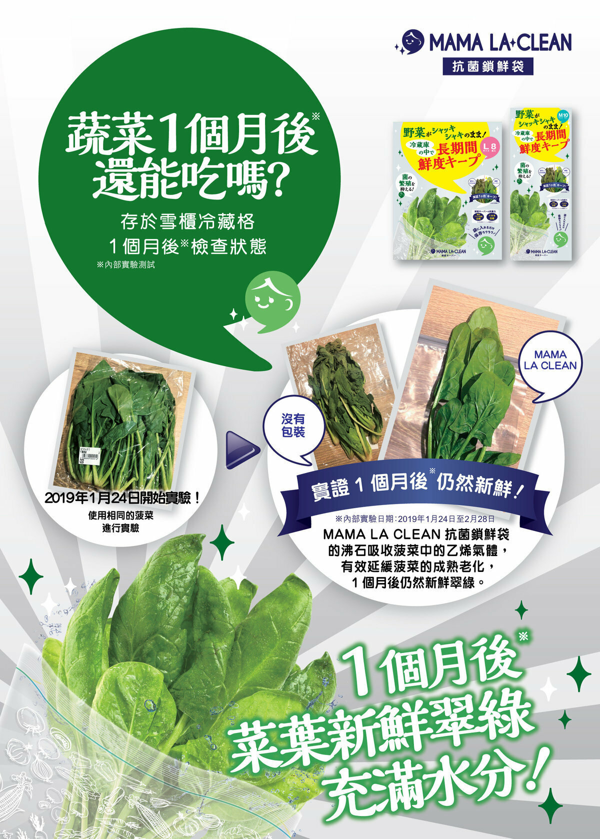 【MAMA LA CLEAN (大袋)】雪櫃/冰箱保鮮蔬果30日鎖鮮袋 ★環保可重用★