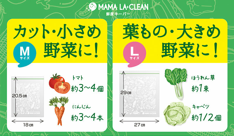 【MAMA LA CLEAN 1+1 SET】雪櫃/冰箱保鮮蔬果30日鎖鮮袋 (中袋1盒10個)+(大袋1盒8個) ★環保可重用★