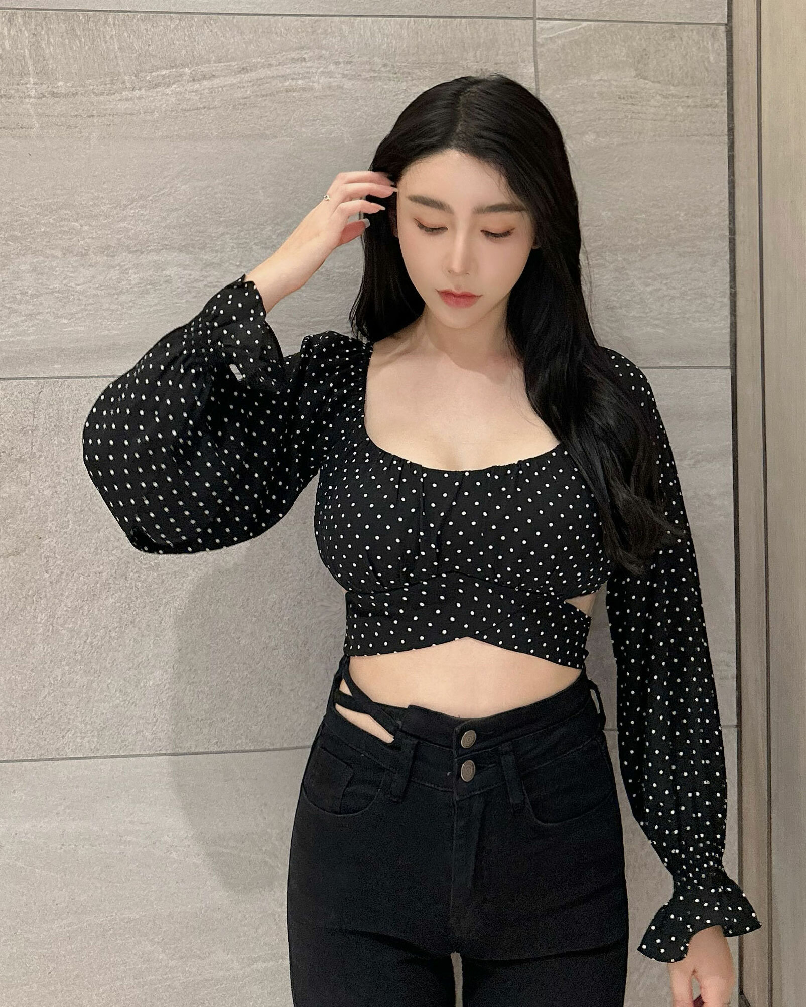 訂製-浪漫圓點雪紡綁帶上衣