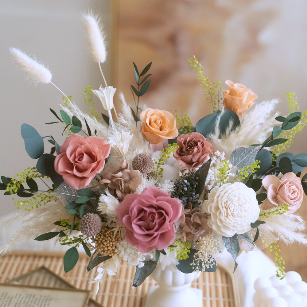 古典高腳花翁永生盆花 粉橘永生花