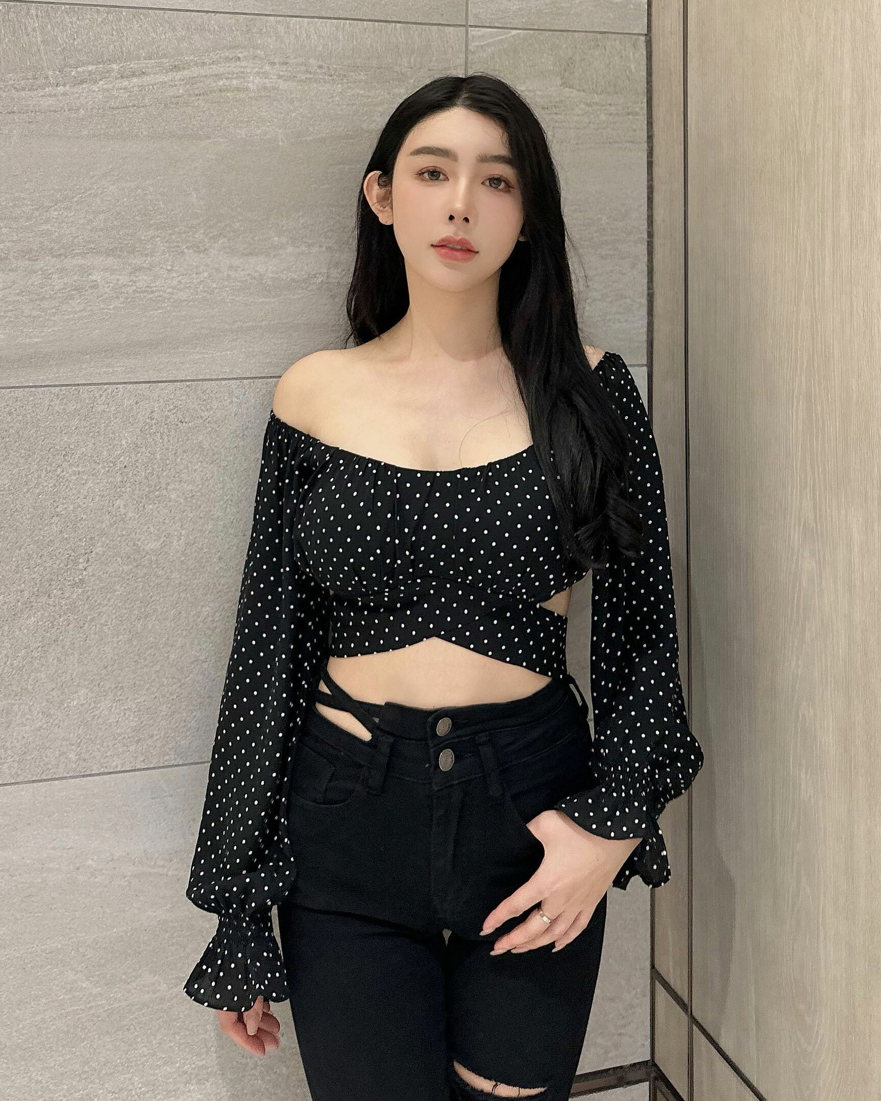 訂製-浪漫圓點雪紡綁帶上衣