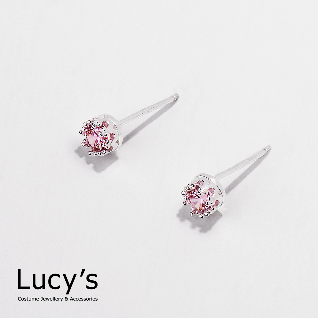 925純銀 皇冠鋯石-粉 耳環 (107280)