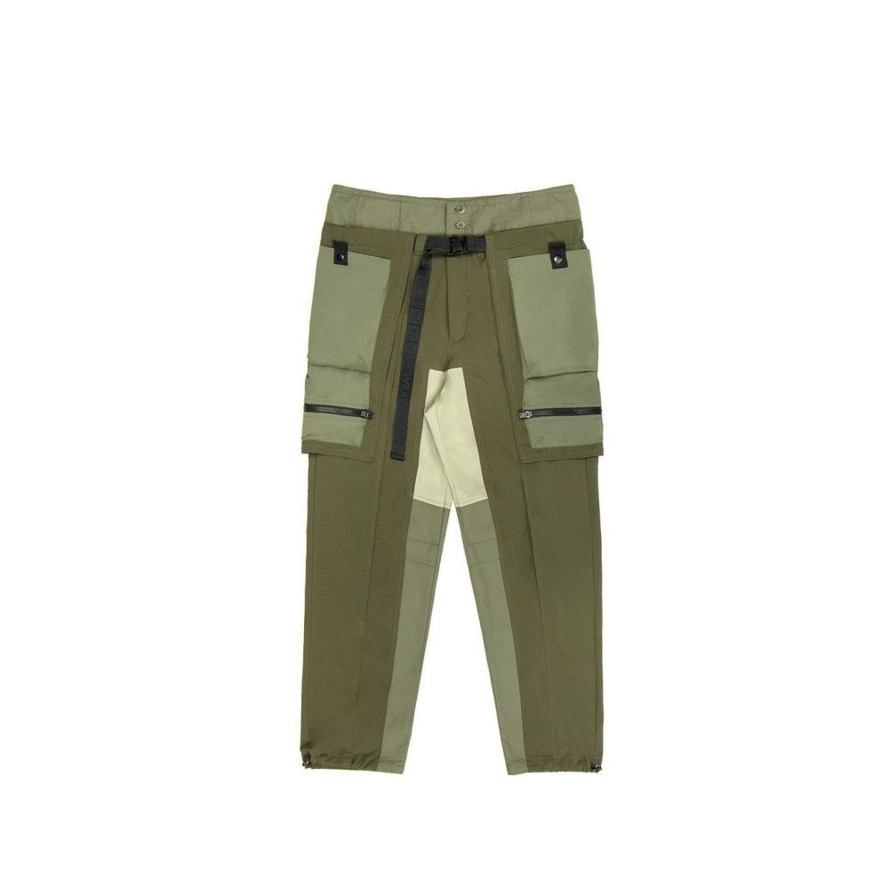 斜拼接寬版長褲 - 軍綠