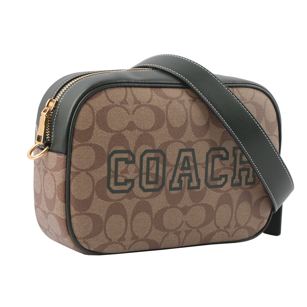 【COACH】Jamie 塗層帆布拼皮革迷你相機包(卡其/亞馬遜綠)