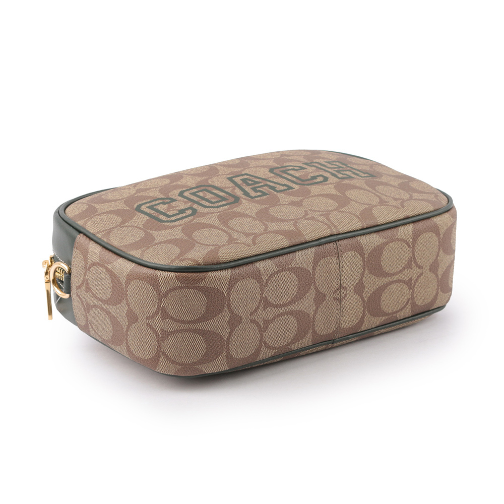 【COACH】Jamie 塗層帆布拼皮革迷你相機包(卡其/亞馬遜綠)