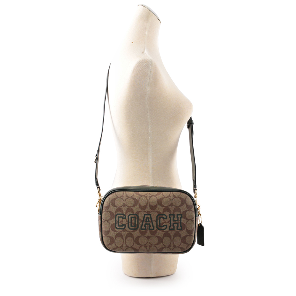 【COACH】Jamie 塗層帆布拼皮革迷你相機包(卡其/亞馬遜綠)