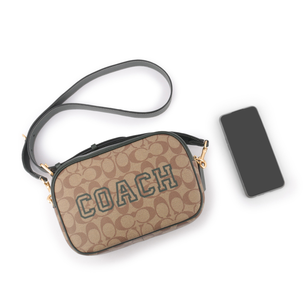 【COACH】Jamie 塗層帆布拼皮革迷你相機包(卡其/亞馬遜綠)