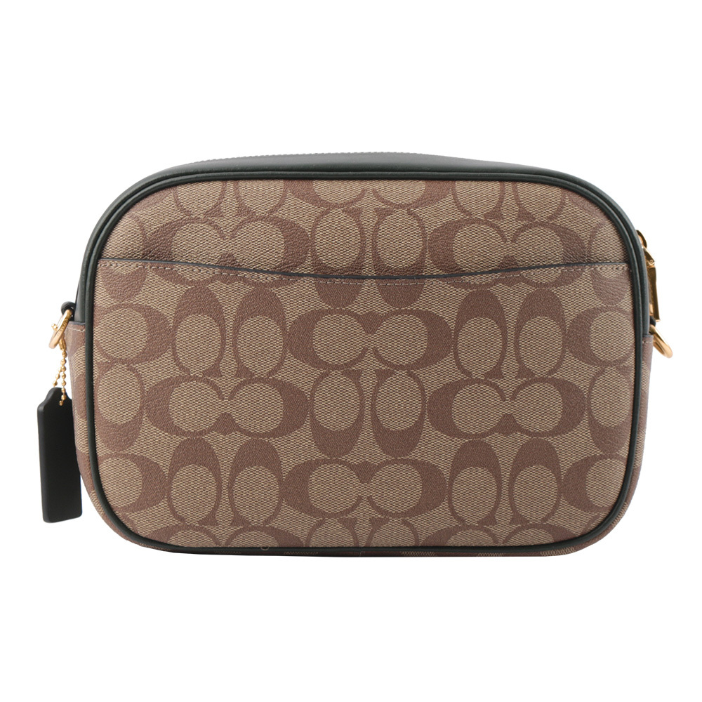 【COACH】Jamie 塗層帆布拼皮革迷你相機包(卡其/亞馬遜綠)