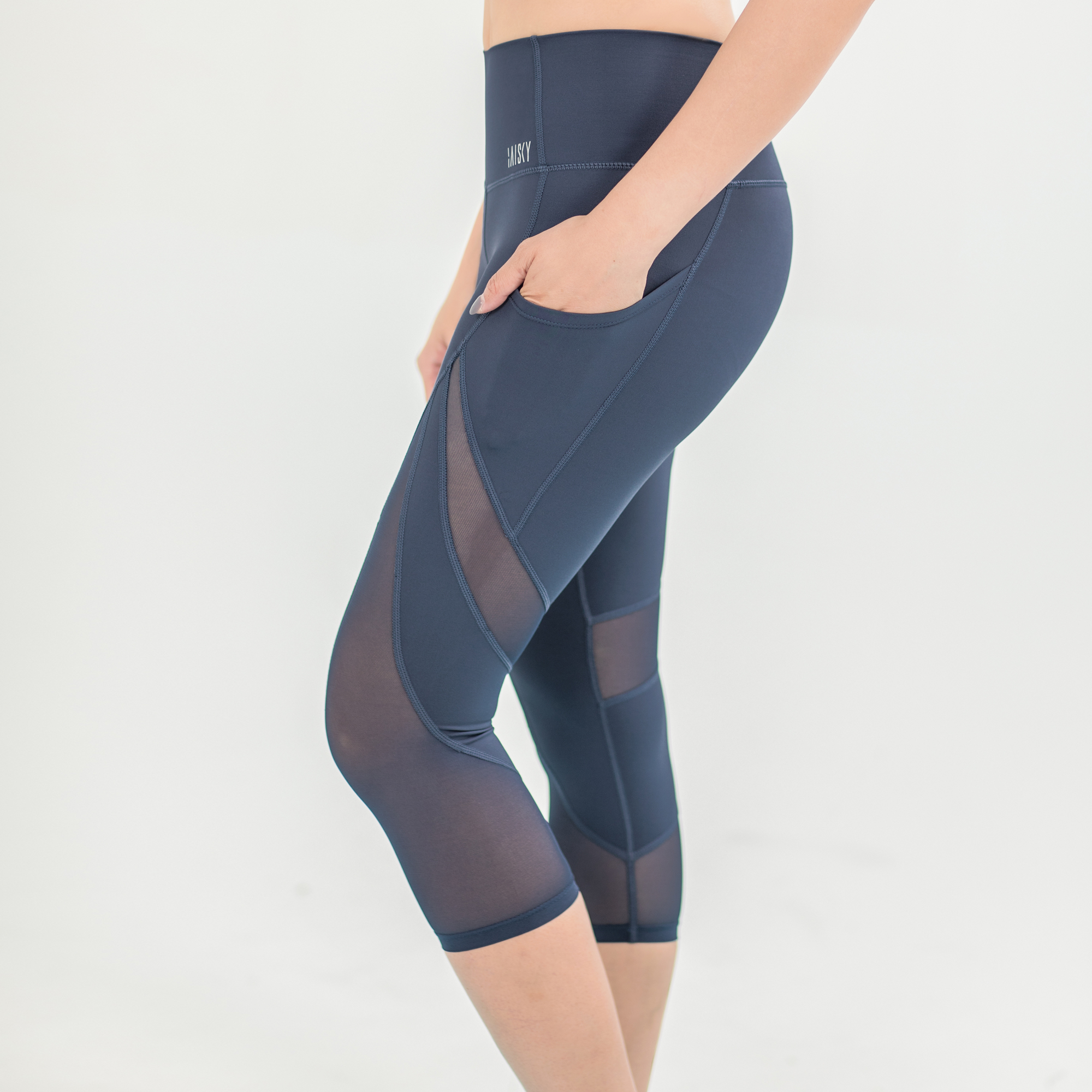 女款網紗美型動感七分褲(雙口袋) 灰藍