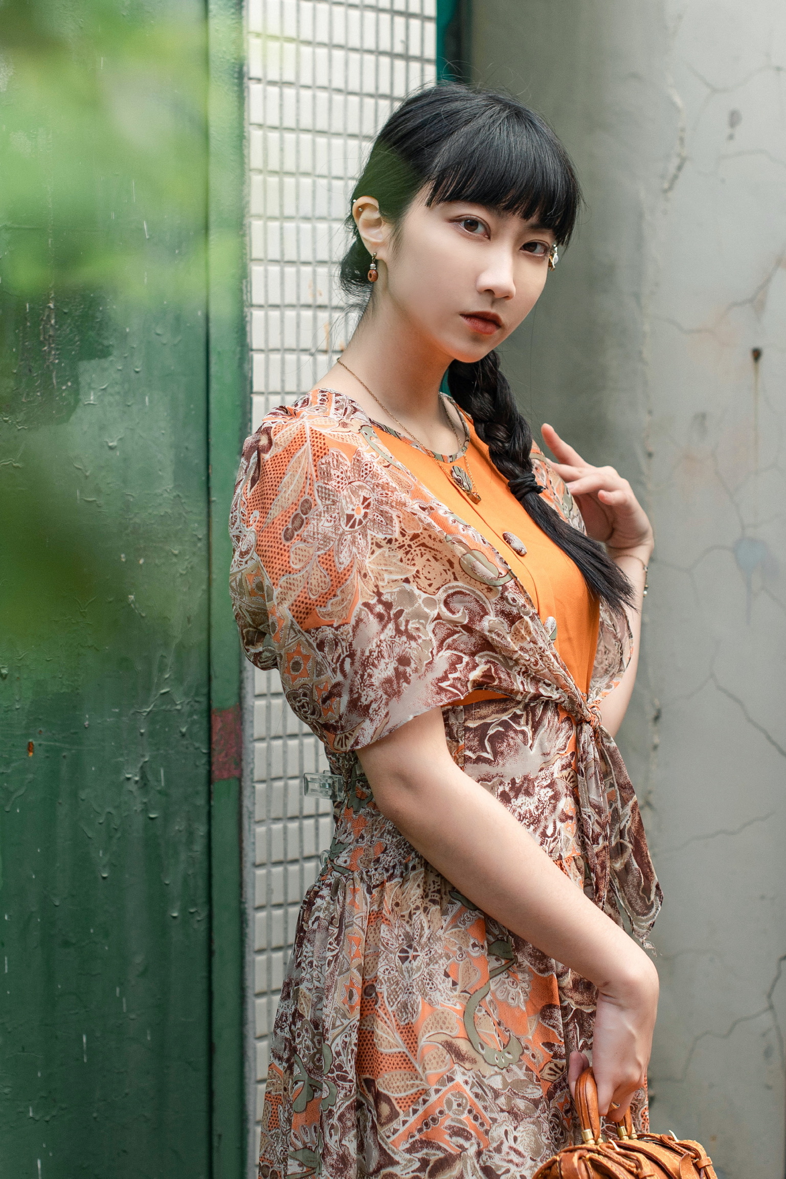 Vintage Dress / 古著假披肩式橘色雪紡圖騰洋裝