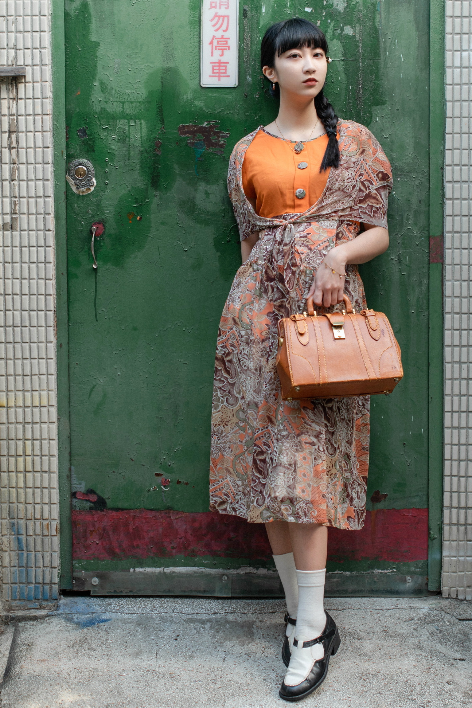 Vintage Dress / 古著假披肩式橘色雪紡圖騰洋裝