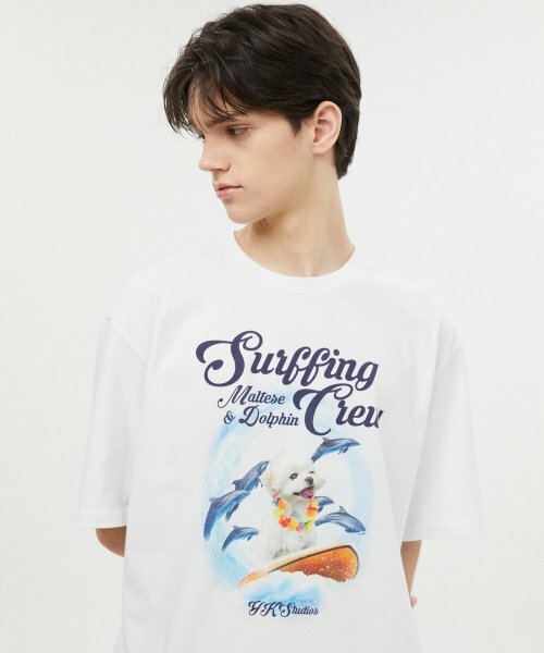 WAIKEI - Puppydolphin surfing crew half sleeve tshirts WHITE