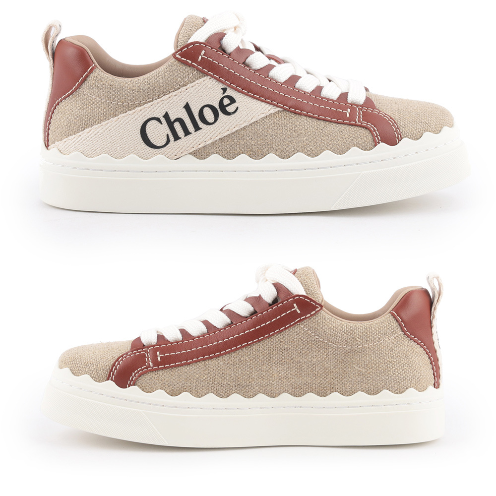 【Chloé】LAUREN 棉質拼牛皮休閒運動鞋(白色/棕色)