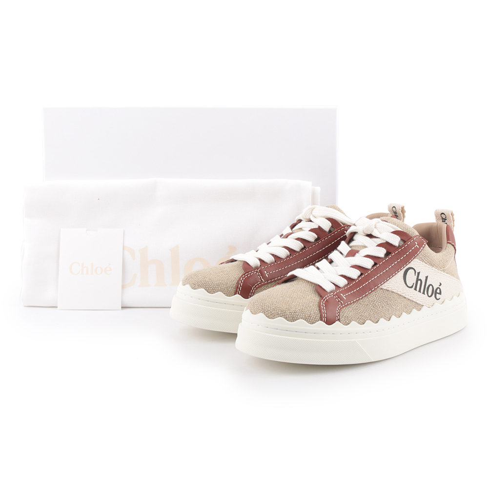 【Chloé】LAUREN 棉質拼牛皮休閒運動鞋(白色/棕色)