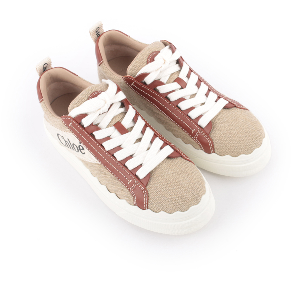 【Chloé】LAUREN 棉質拼牛皮休閒運動鞋(白色/棕色)