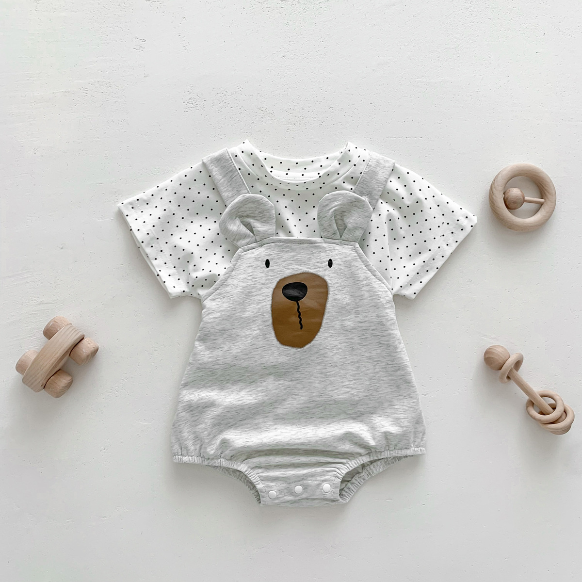 N30GY_SS23_C🐻灰色呆熊背心吊帶包屁+點點Tee套裝