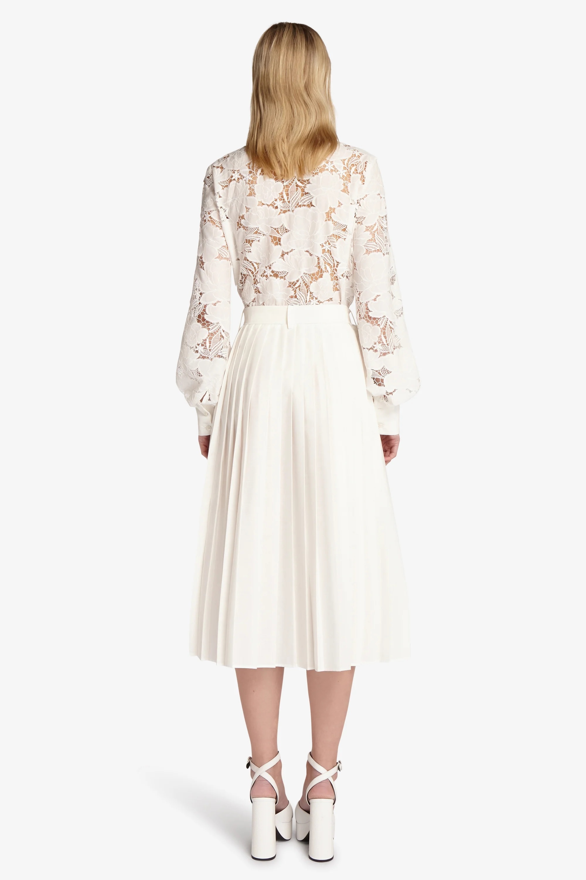 ERMANNO 簍空刺繡蕾絲襯衫假兩件百褶洋裝