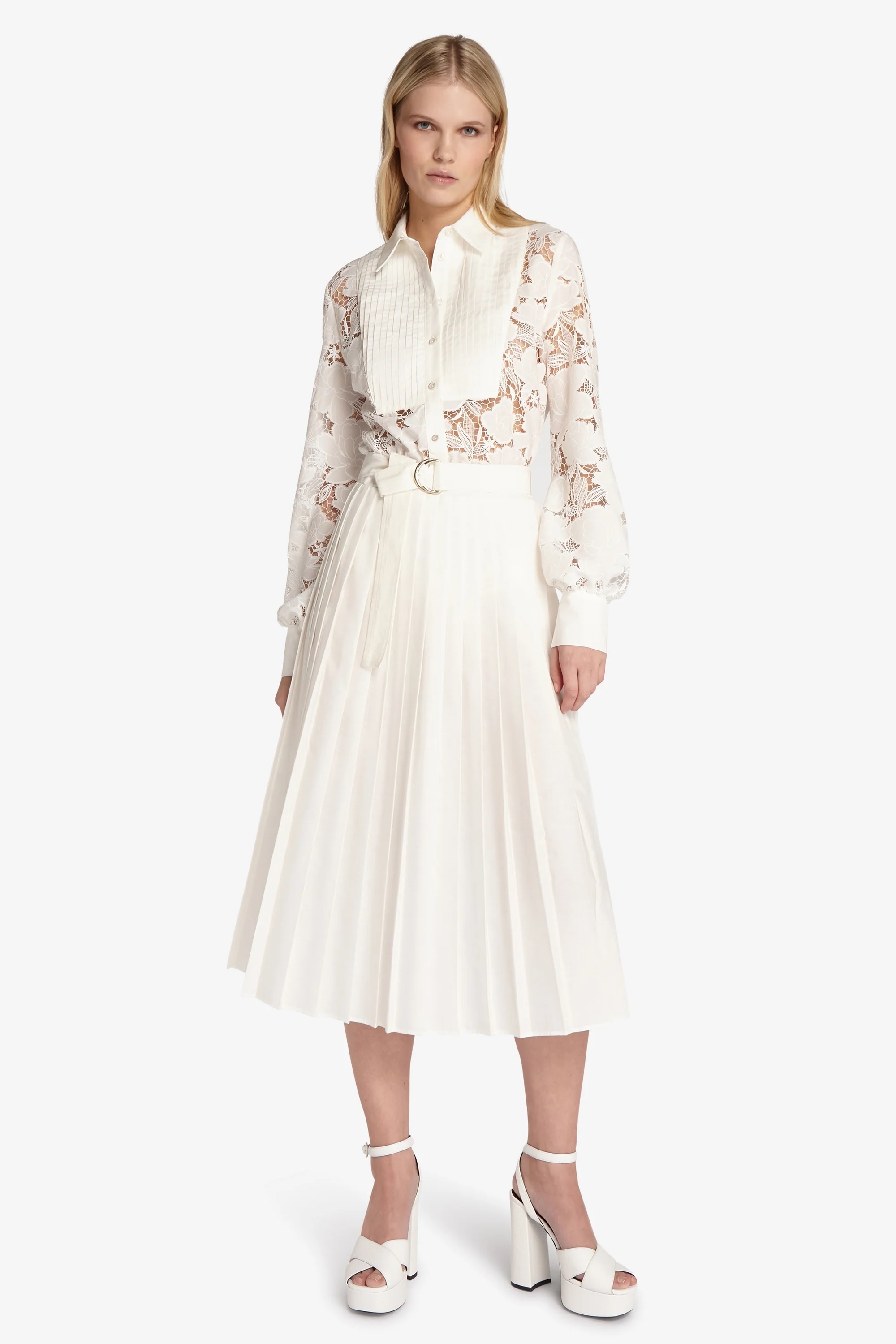 ERMANNO 簍空刺繡蕾絲襯衫假兩件百褶洋裝