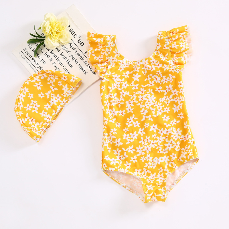 V09YW_SS23_C🌼橙黃色飛袖碎花泳衣連帽(pre-order)