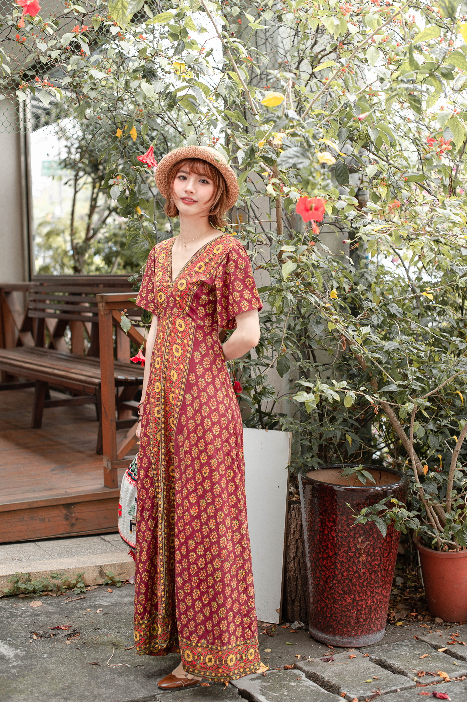 Vintage Dress / 古著印度製民族風圖案Ｖ領洋裝