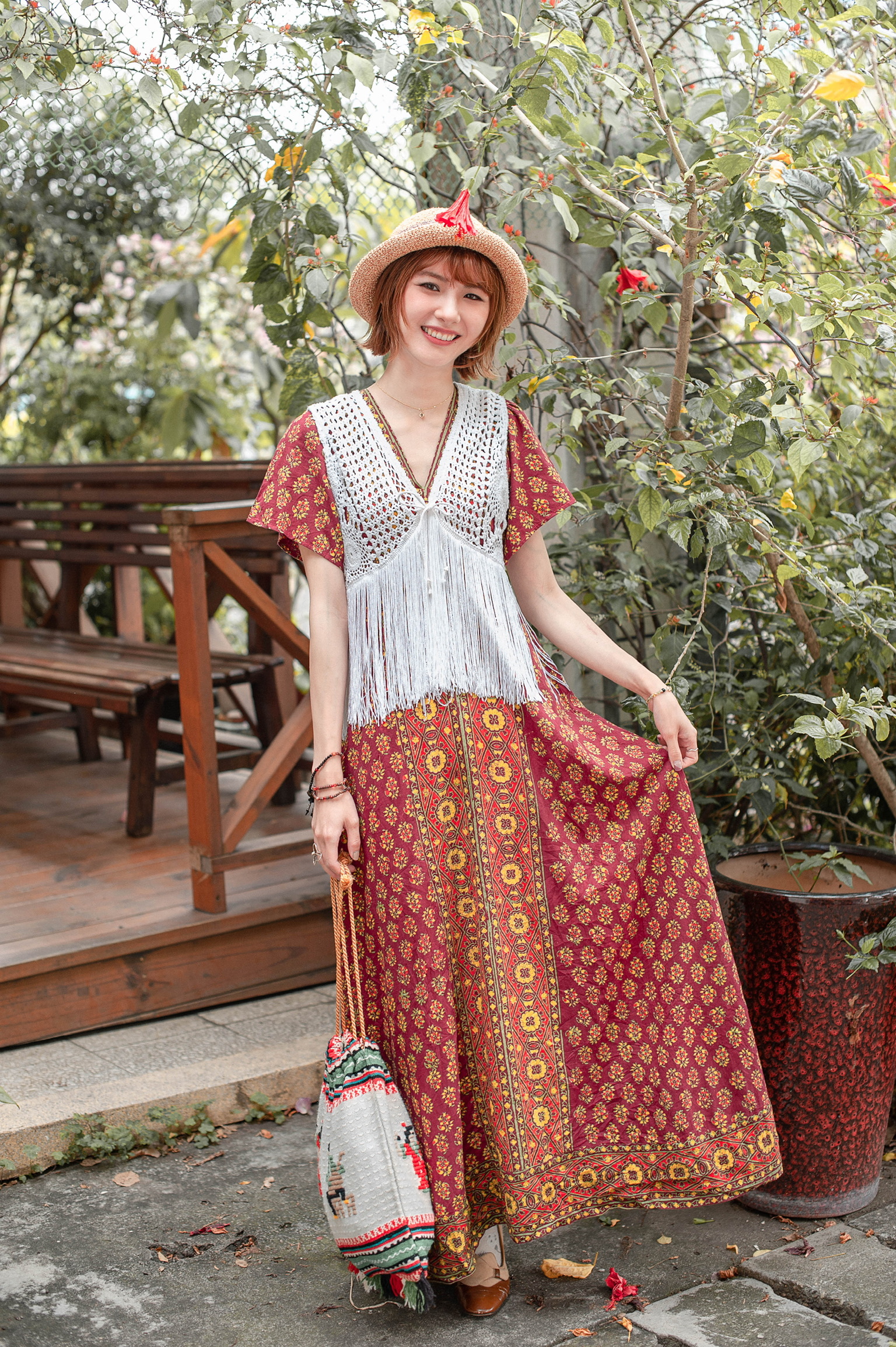 Vintage Dress / 古著印度製民族風圖案Ｖ領洋裝