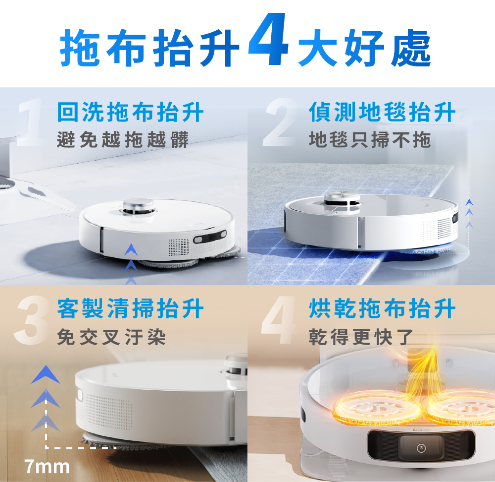 L10s Prime AI全能掃拖機器人拖布抬升四大好處回洗拖布抬升避免越拖越髒偵測地毯抬升地毯只掃不拖客製清掃抬升免交叉污染烘乾拖布抬升乾得更快