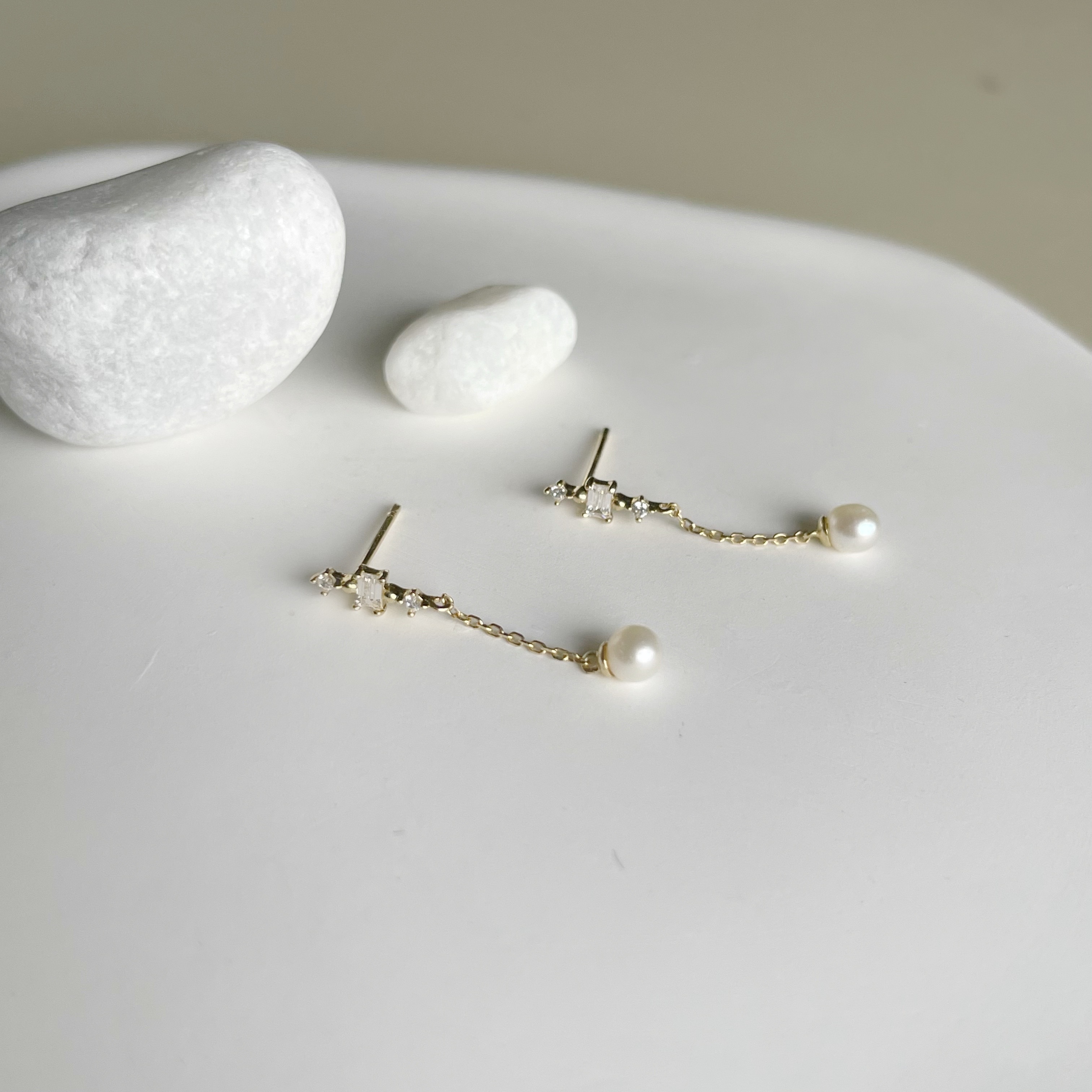 10k meteor鋯石珍珠耳環