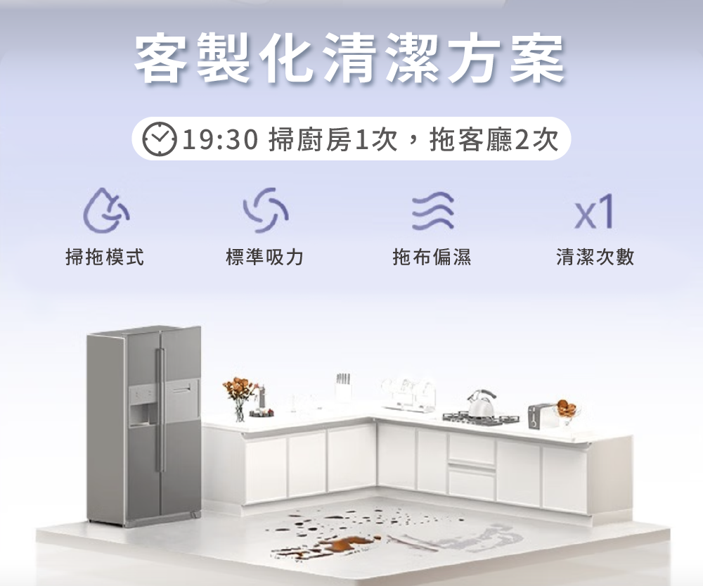 L10s Prime AI全能掃拖機器人客製化清潔方案掃拖模式標準吸力拖布偏濕清潔次數