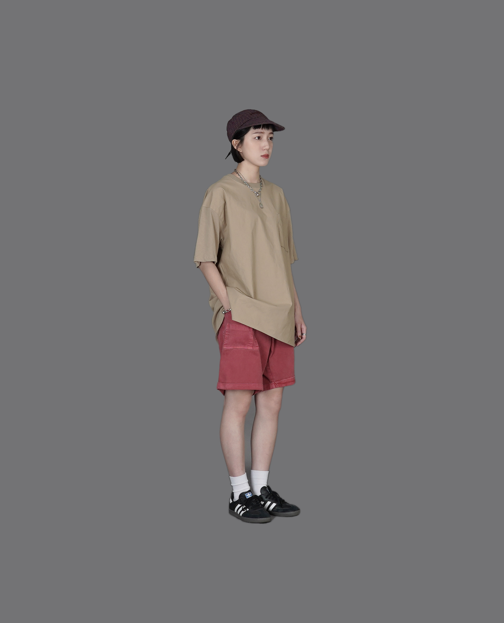 大方口袋膝上水洗褲