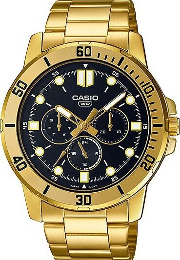 萬年鐘錶 - CASIO  大錶徑 全金色三眼不鏽鋼男錶 MTP-VD300G-1E  錶徑45MM