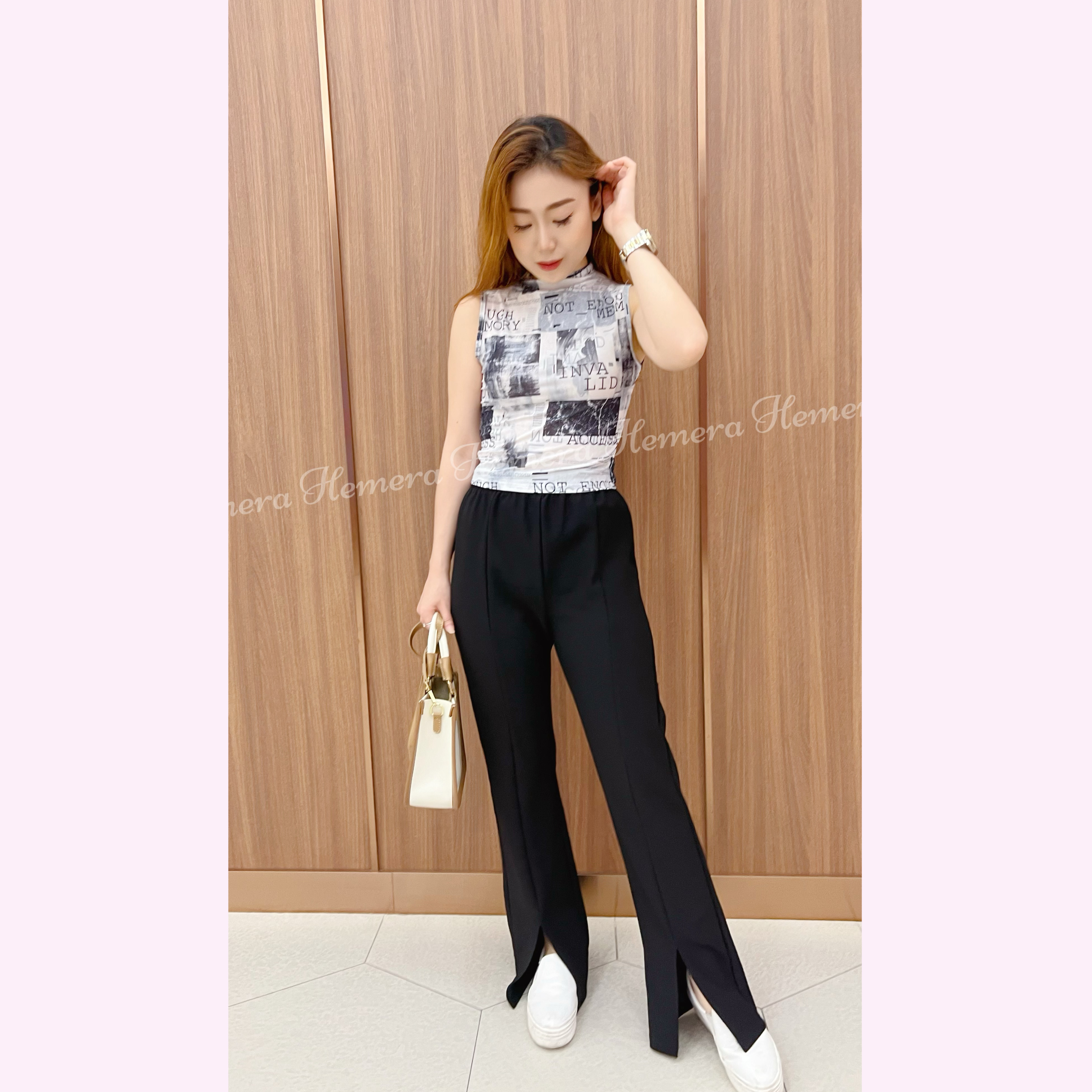 TP23W0445 型格報紙紋印花網紗背心