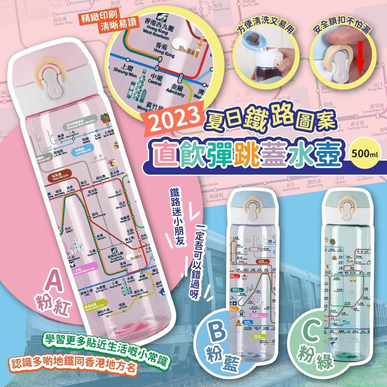 2024夏日鐵路圖案直飲彈跳蓋水壺500ml