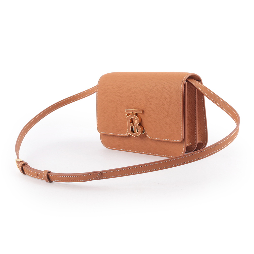 【BURBERRY】TB Logo 顆粒小牛皮斜背包(小款)(焦糖色)