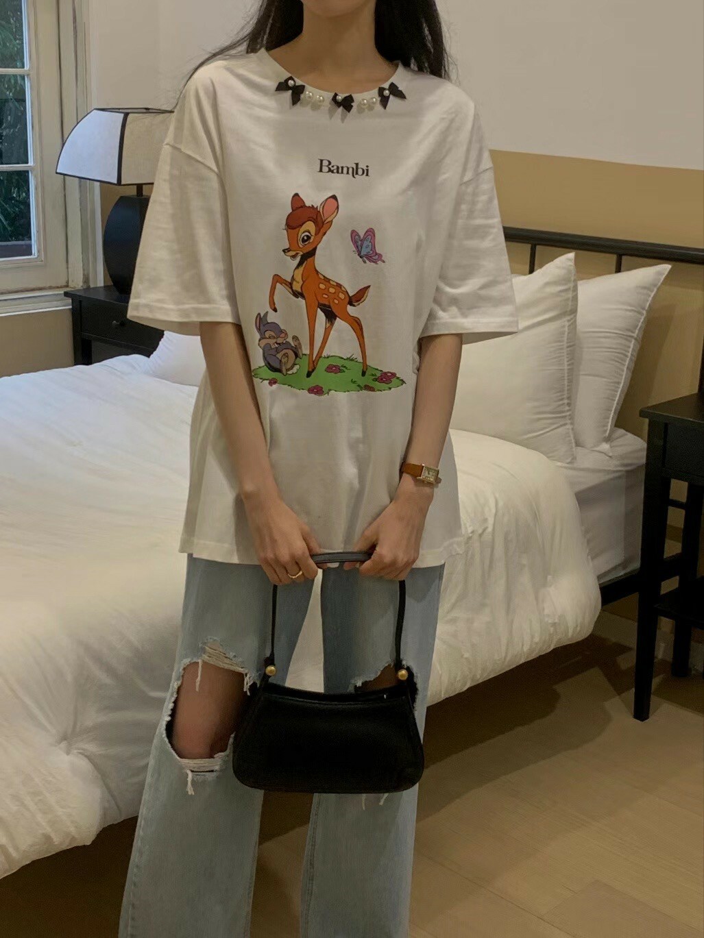 510100小鹿斑比珍珠蝴蝶結圓領短袖T恤