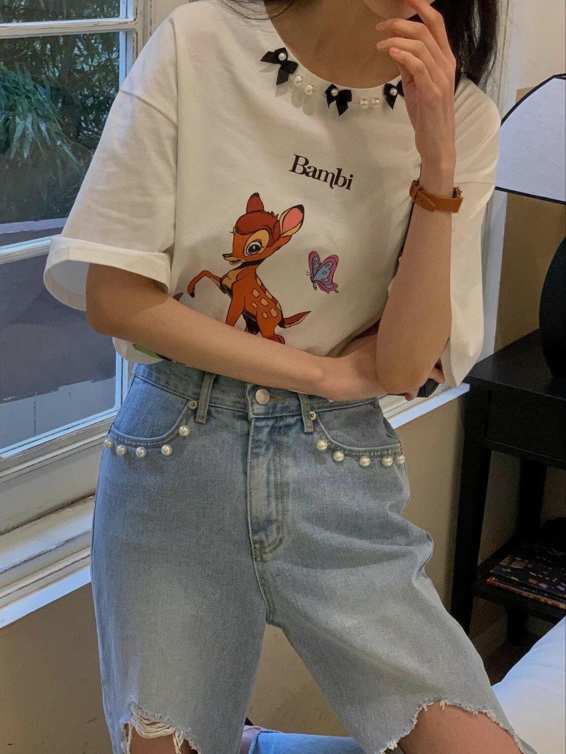 510100小鹿斑比珍珠蝴蝶結圓領短袖T恤