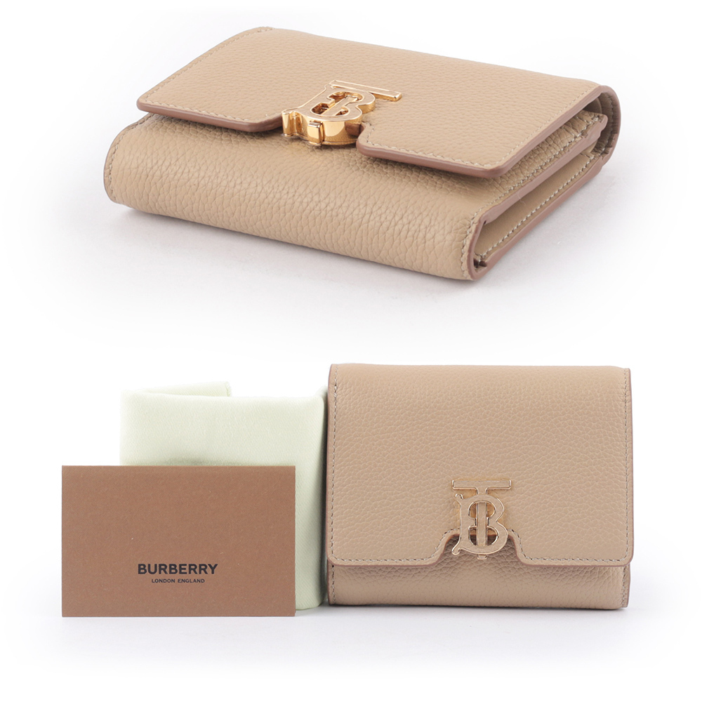 【BURBERRY】TB Logo 牛皮三折短夾(燕麥色)
