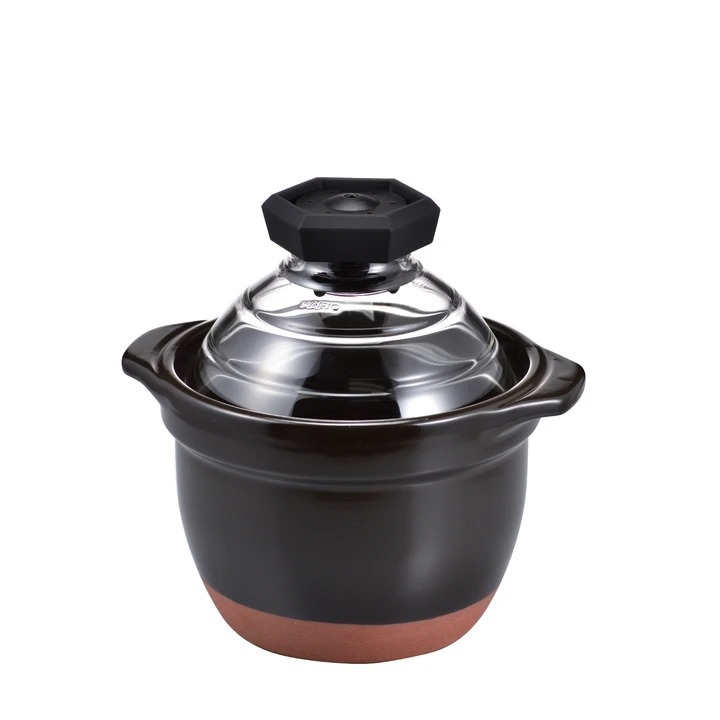 日本HARIO萬古燒陶瓷飯釜連玻璃蓋 1~2人用 -GNR-150-B