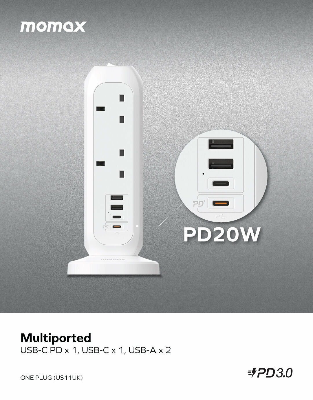 Momax - One Plug PD20W 11位排插 + 4位快充USB 拖板 (US11UKW)