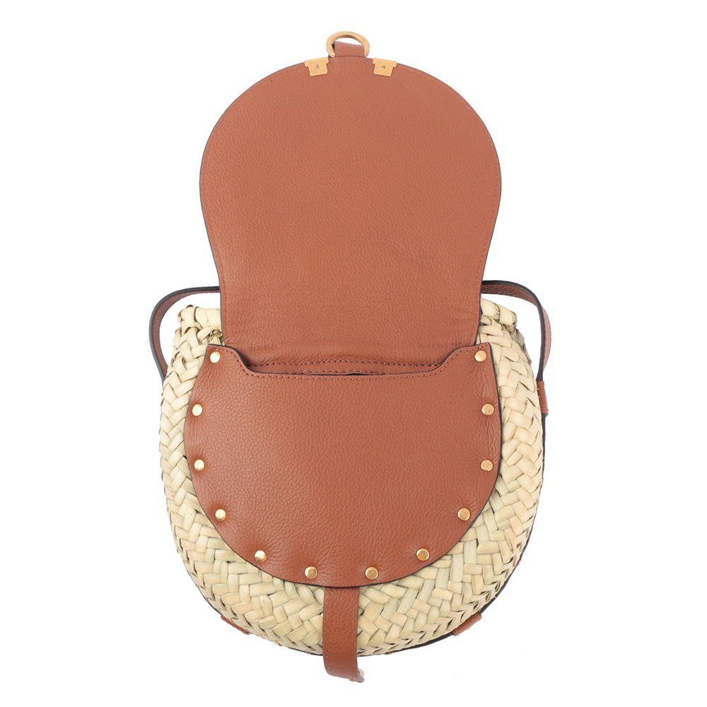 【CHLOE'】Marcie 酒椰葉編織拼接牛皮鈴鼓包(焦糖色)