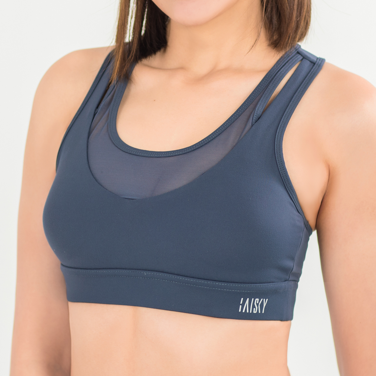 女款網紗拼接運動內衣 灰藍