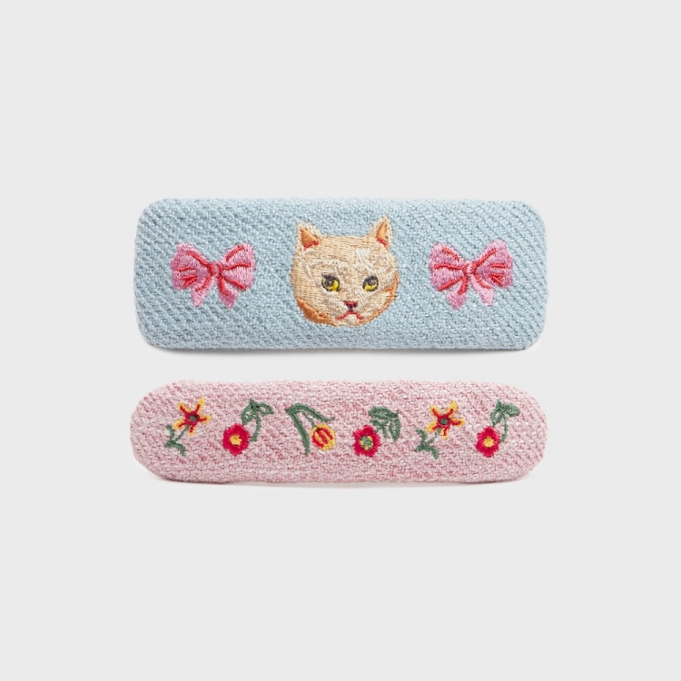 韓國 socks appeal® x Nathalie Lete 魔幻動物森林刺繡髮夾 緞帶貓貓 2入組