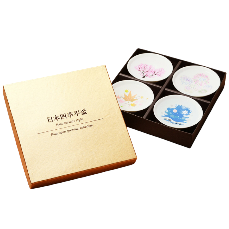 丸モ高木陶器 日本四季平盃 冷感變色陶瓷清酒杯禮盒(4個入)