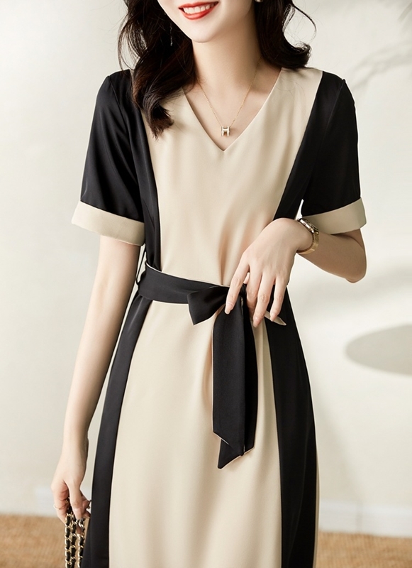 撞色拼接綁帶洋裝 黑杏