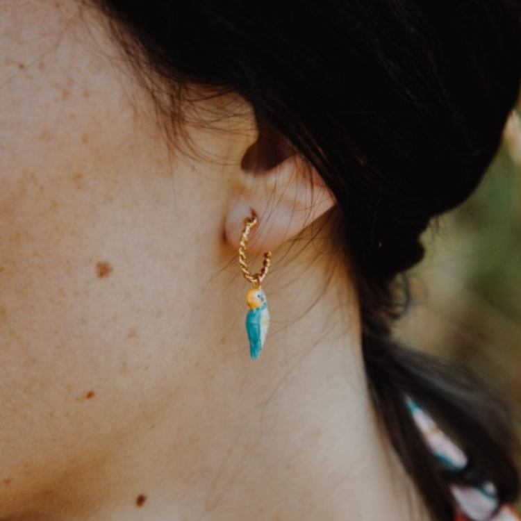 藍長尾鸚鵡迷你圈型耳環-單只