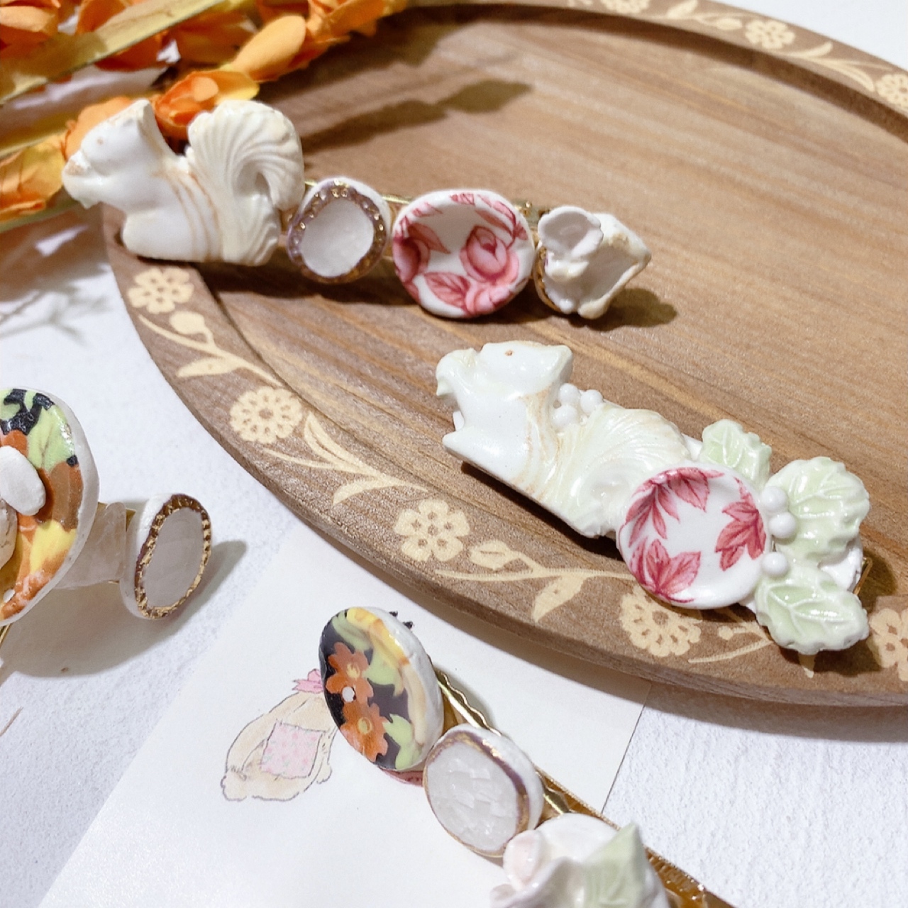 [手作家] 松鼠x手繪復古花圖案髮夾