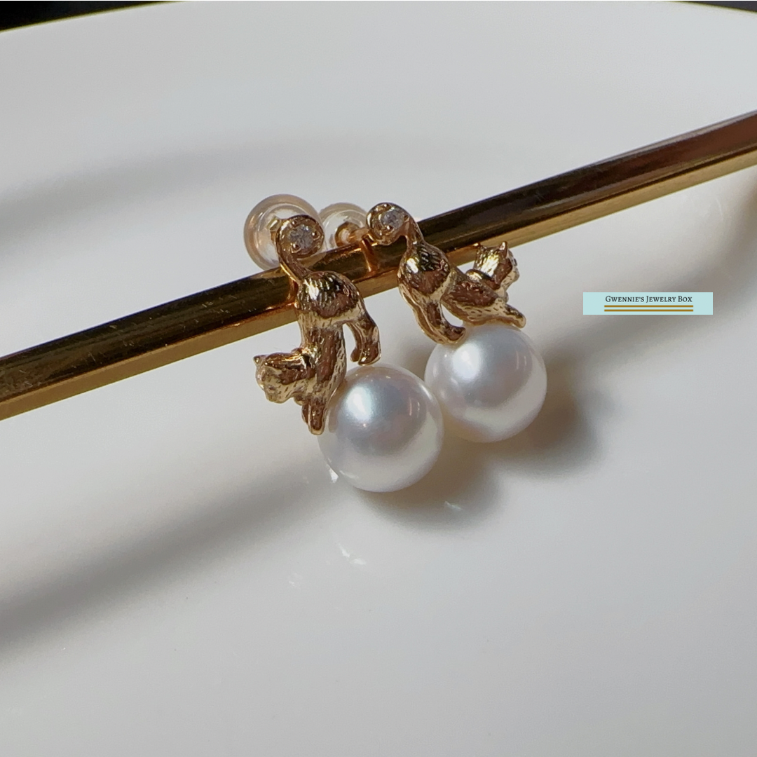 伸懶腰貓咪 - 珍珠耳環