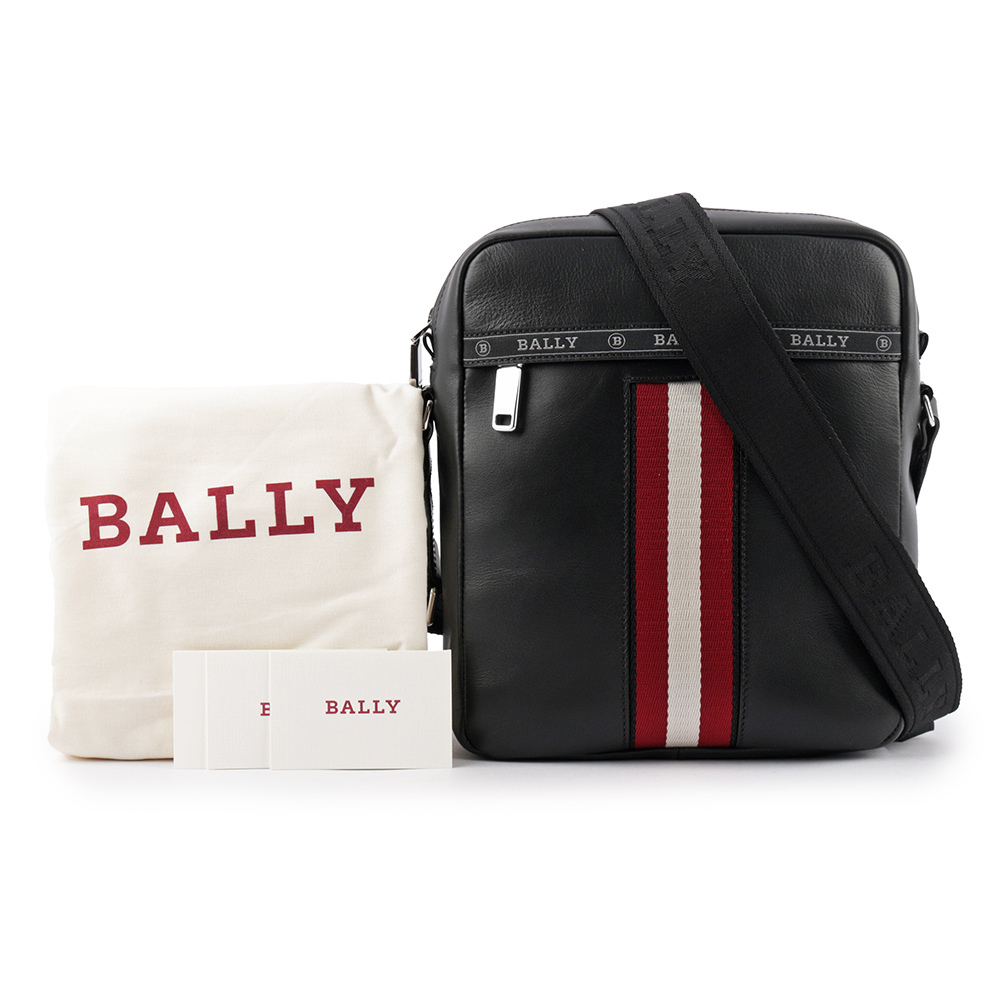 【BALLY】Holm 紅白條紋牛皮日字斜背包(黑色)