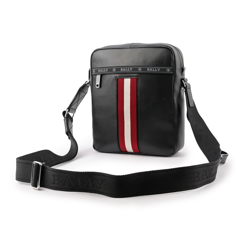 【BALLY】Holm 紅白條紋牛皮日字斜背包(黑色)